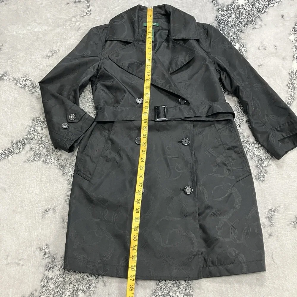 Lauren Ralph Lauren Trench Coat Belted Black Logo‎ Jacquard Double Medium